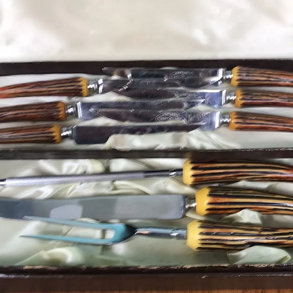 VTG SHEFFIELD Faux Antler Crown Crest 9 Piece Stainless Steel Blades+Case
